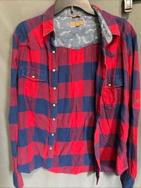 JACHS Girlfriend Red and Navy Plaid Button-Down Shirt